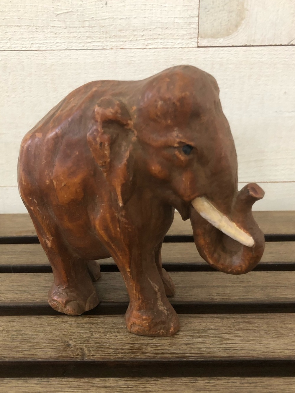 Vintage Syroco Elephant Figurine with Curled Trunk Mid Century 1940s Statuette